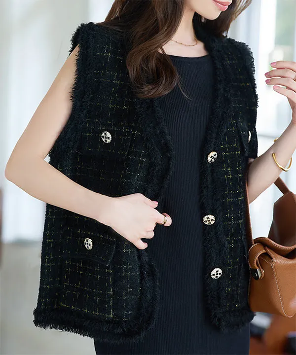 ツイード風フリンジノースリーブニット [C7673] - レディース