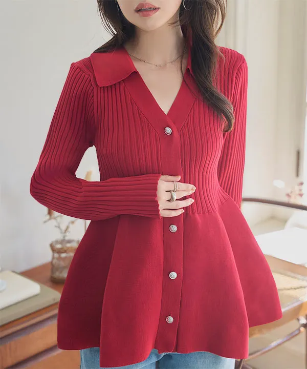 ポロVネック ペプラム長袖リブカーディガン [C7677] - レディース