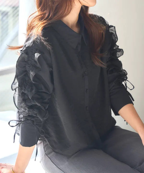 IORE イオレ　libertē tops リベルテ　トップス　黒 オーガンジーフリルブラウス [C7678] - レディースファッション通販