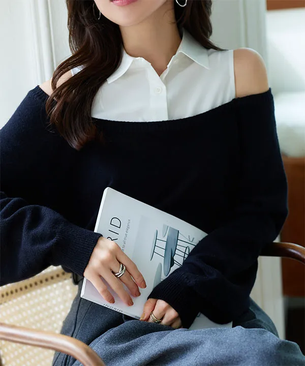 シャツレイヤード風ニットトップス [C7679] - レディースファッション