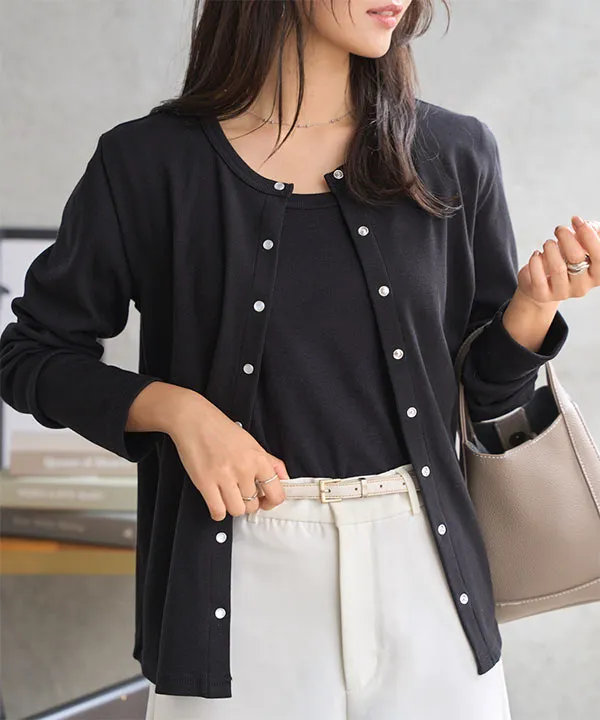 M L XL ] スナップボタン丸首リブカーディガン [C7684
