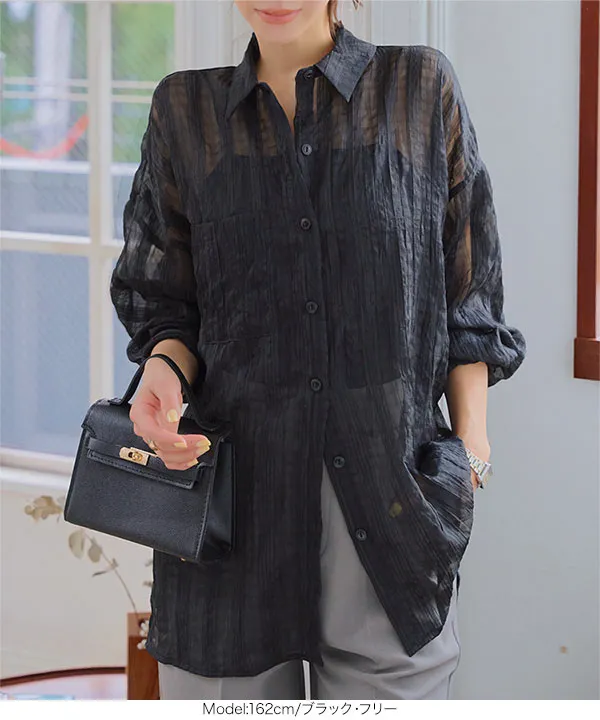 【ブラック】【ブロック柄】ストレッチ シアーシャツ 超軽量】シアー オープンカラー チェックシャツ｜OUTLET (MEN'S