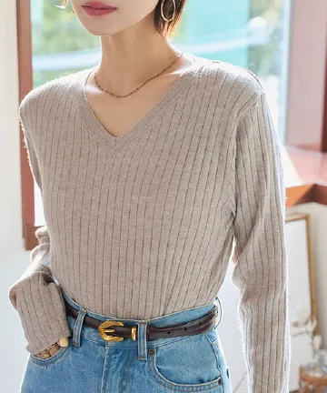 M L 太リブVネックもっちりインナーニット [C7714]