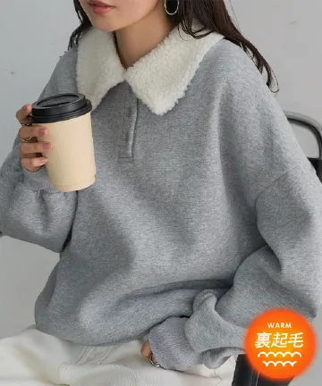 [ 裏起毛 ] 襟ボアスウェットポロトップス [C7737]