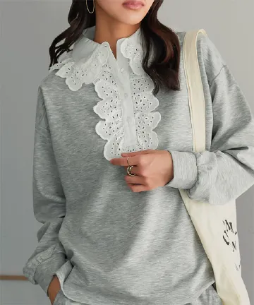 レース襟ポロトップス [C7761]