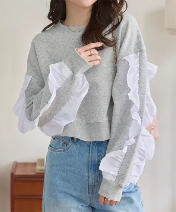 袖フリルショート丈スウェットトップス [C7764]| SALE！