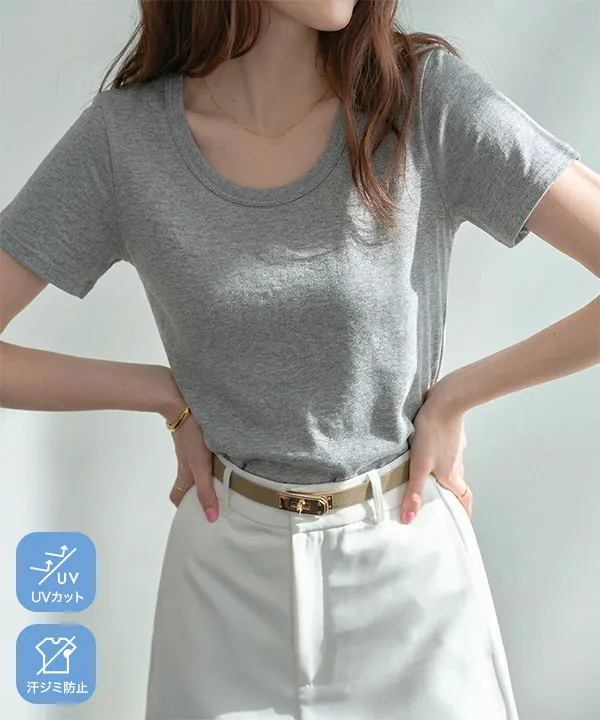 M L XL 汗じみ防止＆UVカット ] 深Uネック半袖Tシャツ [C7765