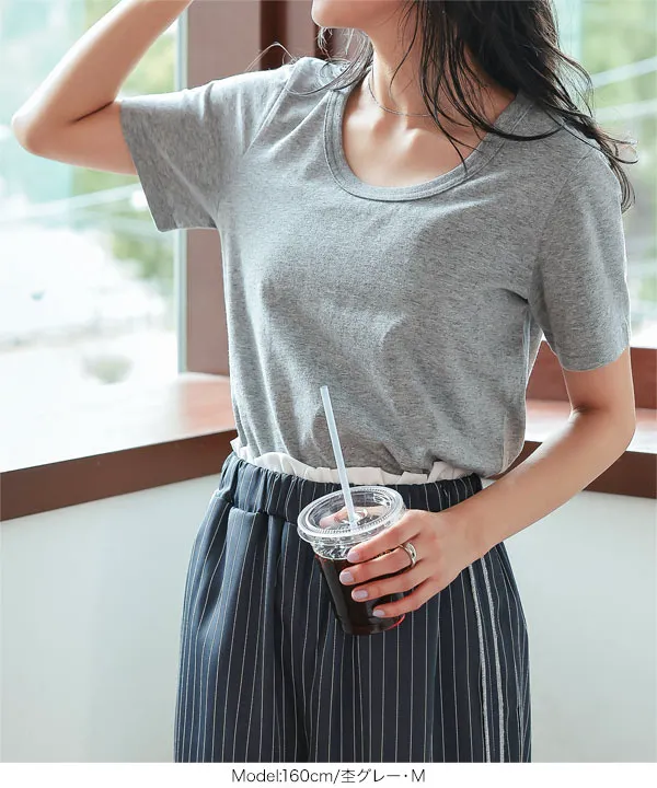 [ M L XL 汗じみ防止＆UVカット ] 深Uネック半袖Tシャツ [C7765]|