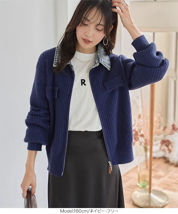 専用 70sカーディガン、レザー、デニム 50s デンマーク製 レザー切り替え ニットカーディガン 茶 M