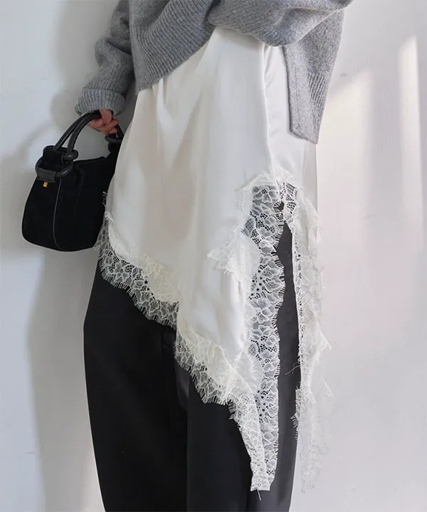 サテンレースアシメロングキャミソール [C7769] | 大好評につき送料