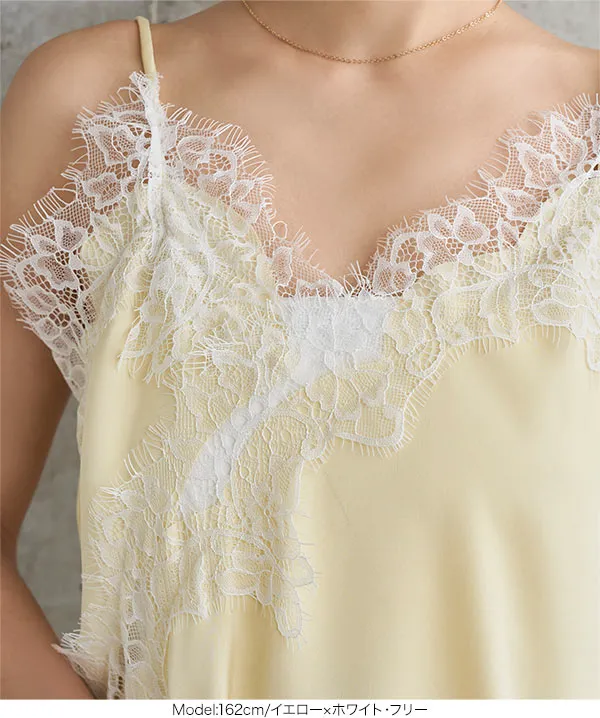 サテンレースアシメロングキャミソール [C7769] - レディース