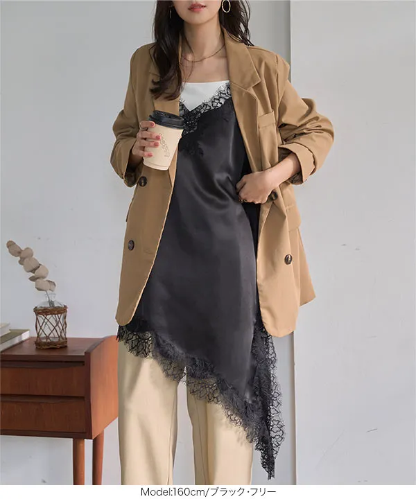 サテンレースアシメロングキャミソール [C7769] - レディース