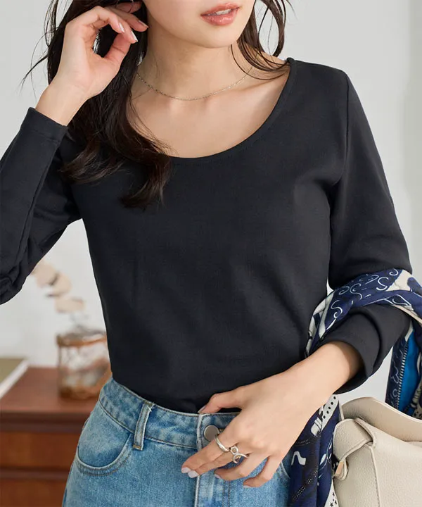 M L XL 選べるタイプ ] 深開きスクエア Uネック 長袖Tシャツ [C7770