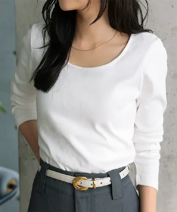 [ M L XL 選べるタイプ ] 深開きスクエア Uネック 長袖Tシャツ [C7770]