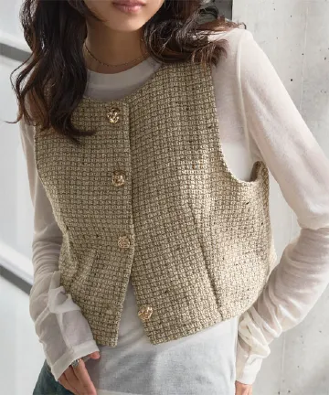 ゴールドボタンツイードベスト [C7773]