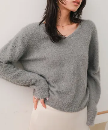 Vネックシャギーニット [C7776]