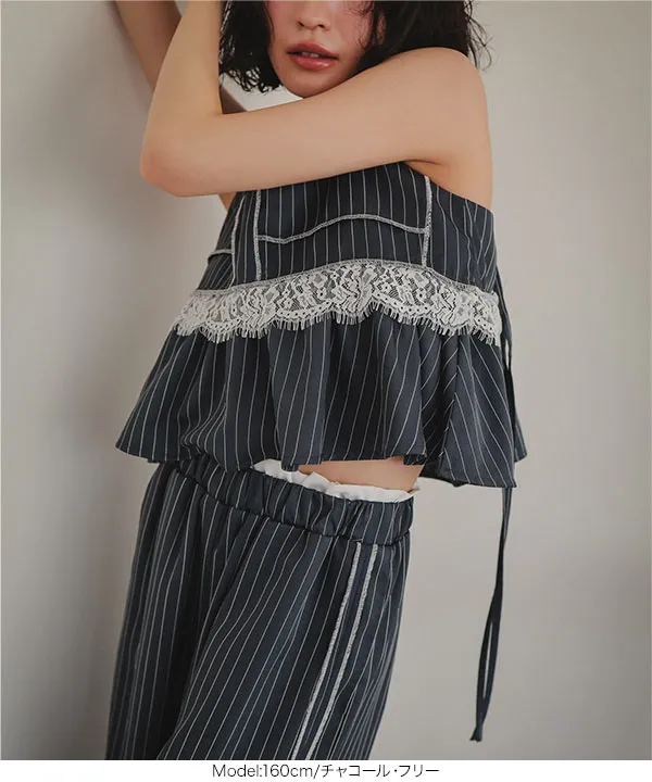 レース切替ストライプキャミビスチェ [C7778] - レディース