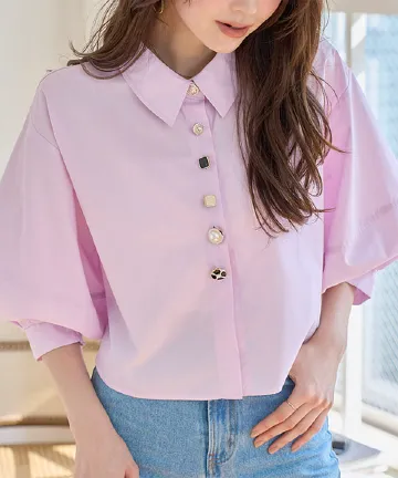 多ボタンショート丈フレアブラウス [C7779]| 送料無料 2/24(火)12:00~2/25(水)12:00まで