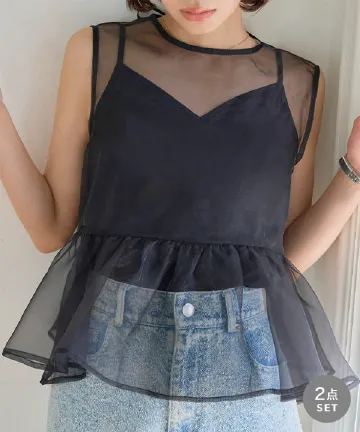 [ 2点セット ] オーガンジーペプラムブラウス＆キャミソール [C7791]| 送料無料 4/2(木)12:00~4/3(金)12:00まで