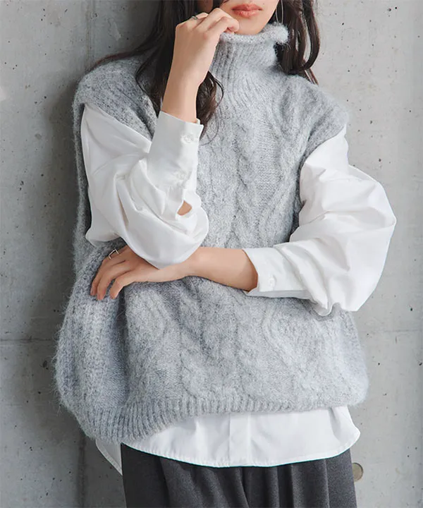 ケーブルハイネックニットベスト [C7813]| 送料無料 1/22(木)12:00~1