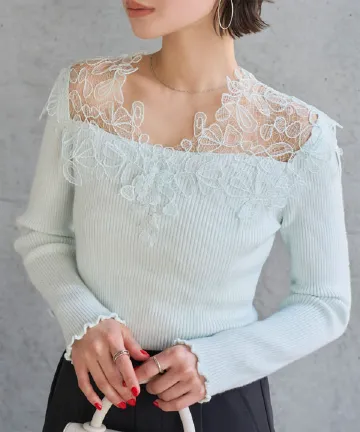 レースオフショルリブニット [C7818] |送料無料  3/22(日)12:00~3/23(月)朝12:00まで