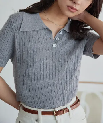 ケーブル編み半袖ポロニット [C7827] | 送料無料 4/5(日)12:00~4/6(月)朝12:00まで