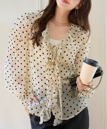 肩パッド付きシアードットフリルブラウス [C7828]| 送料無料 4/7(火)12:00~4/8(水)12:00まで