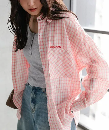刺繍ロゴチェック柄ビッグシャツ [C7847]