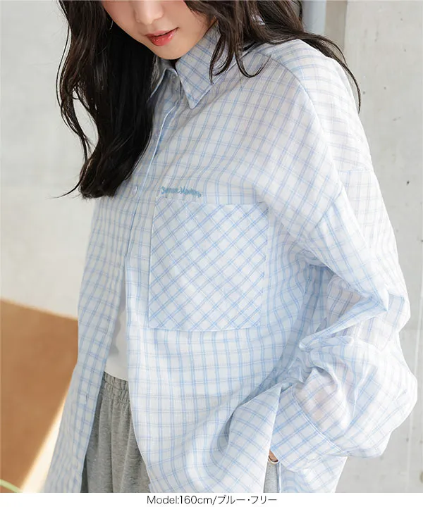 刺繍ロゴチェック柄ビッグシャツ [C7847] - レディースファッション