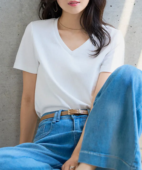 M L XL 選べるサイズ ] 深Vネック細リブ半袖Tシャツ [C7867