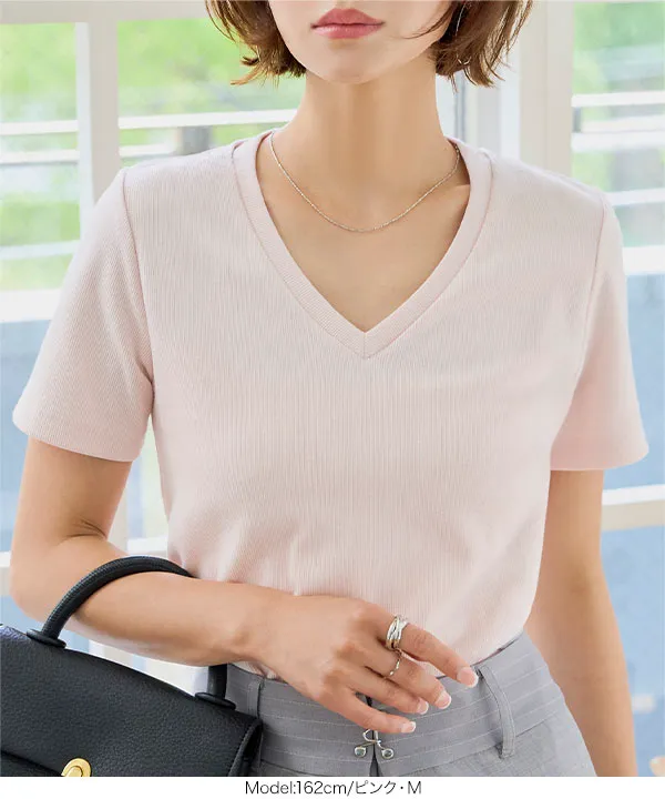 M L XL 選べるサイズ ] 深Vネック細リブ半袖Tシャツ [C7867