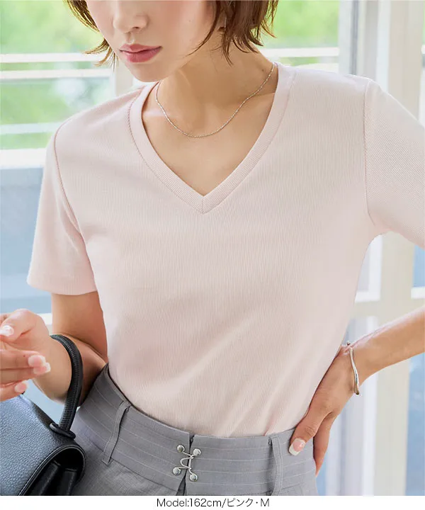 [ M L XL 選べるサイズ ] 深Vネック細リブ半袖Tシャツ [C7867]