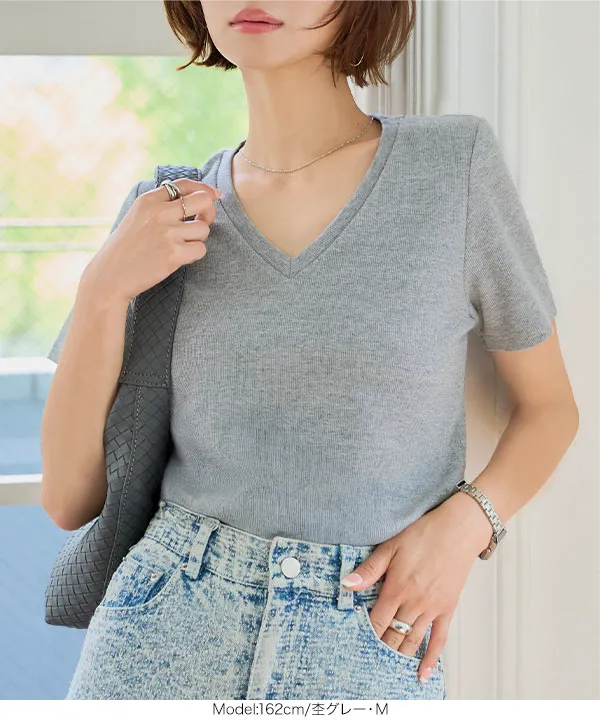 M L XL 選べるサイズ ] 深Vネック細リブ半袖Tシャツ [C7867