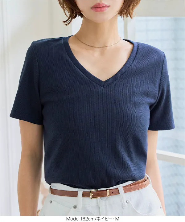 M L XL 選べるサイズ ] 深Vネック細リブ半袖Tシャツ [C7867]| 特別価格