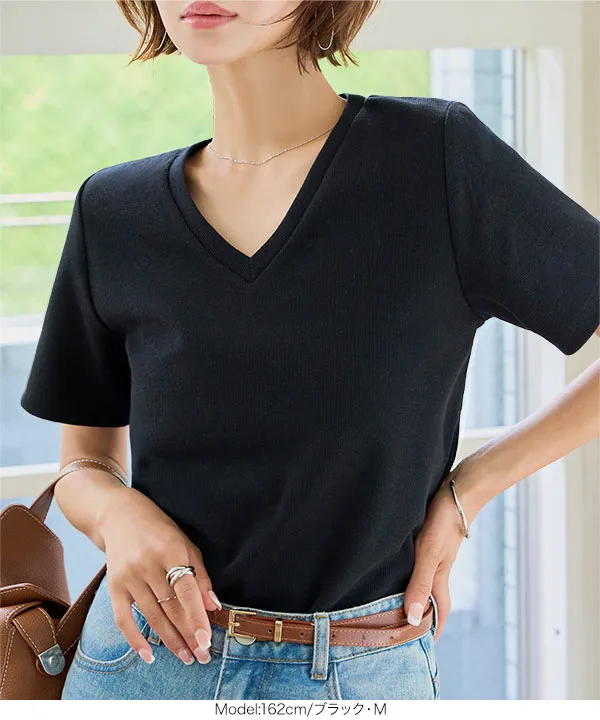 [ M L XL 選べるサイズ ] 深Vネック細リブ半袖Tシャツ [C7867]