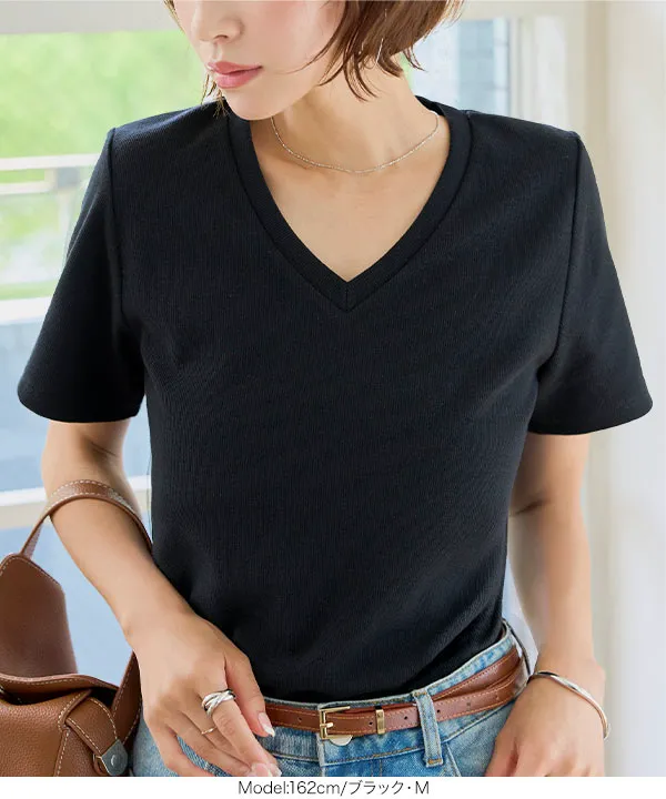 [ M L XL 選べるサイズ ] 深Vネック細リブ半袖Tシャツ [C7867]