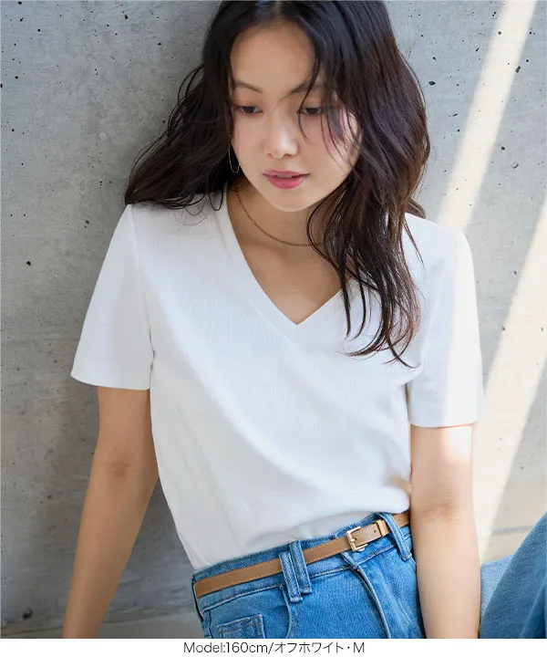 [ M L XL 選べるサイズ ] 深Vネック細リブ半袖Tシャツ [C7867]