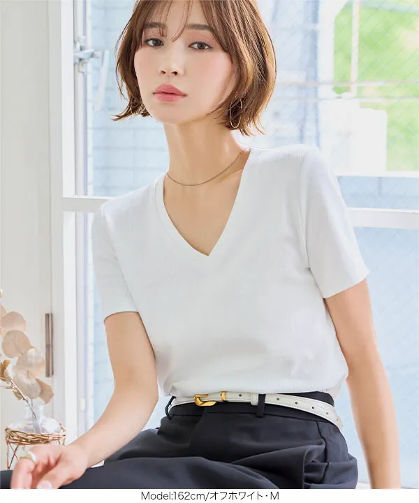 [ M L XL 選べるサイズ ] 深Vネック細リブ半袖Tシャツ [C7867]
