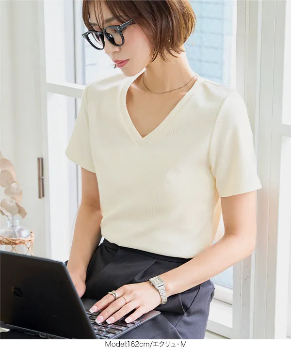 [ M L XL 選べるサイズ ] 深Vネック細リブ半袖Tシャツ [C7867]
