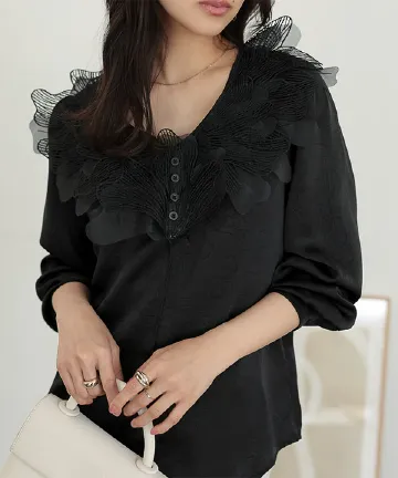 襟レースサテン長袖ブラウス [C7870]| 送料無料 4/23(木)12:00~4/24(金)12:00まで