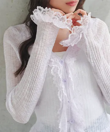 フリルレースシアーニットカーディガン [C7877]| 送料無料 4/30(木)12:00~5/1(金)12:00まで