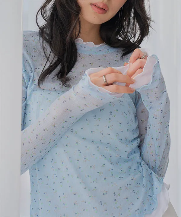 フリルドッキング花柄シアーロンT [C7879] - レディースファッション