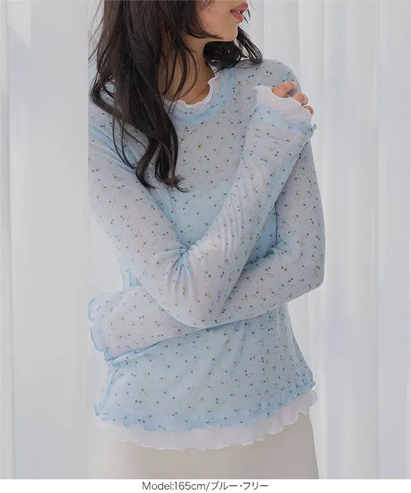 フリルドッキング花柄シアーロンT [C7879] - レディースファッション
