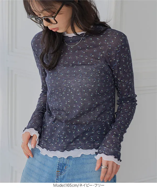フリルドッキング花柄シアーロンT [C7879] - レディースファッション