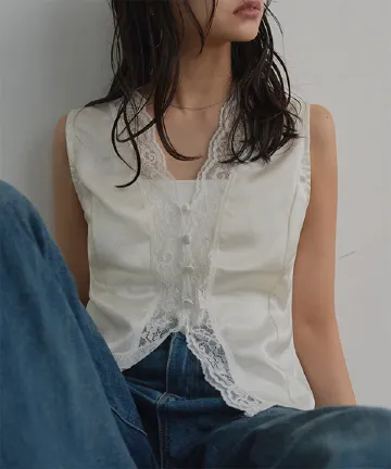 レースVネックサテントップス [C7901] | 送料無料 4/26(日)12:00~4/27(月)朝12:00まで