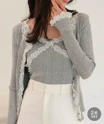 レースドッキングカーディガン＆キャミ アンサンブル [C7910] | 送料無料 4/26(日)12:00~4/27(月)朝12:00まで