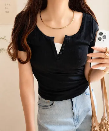 カップ付きリブヘンリーネックリブトップス [C7968]