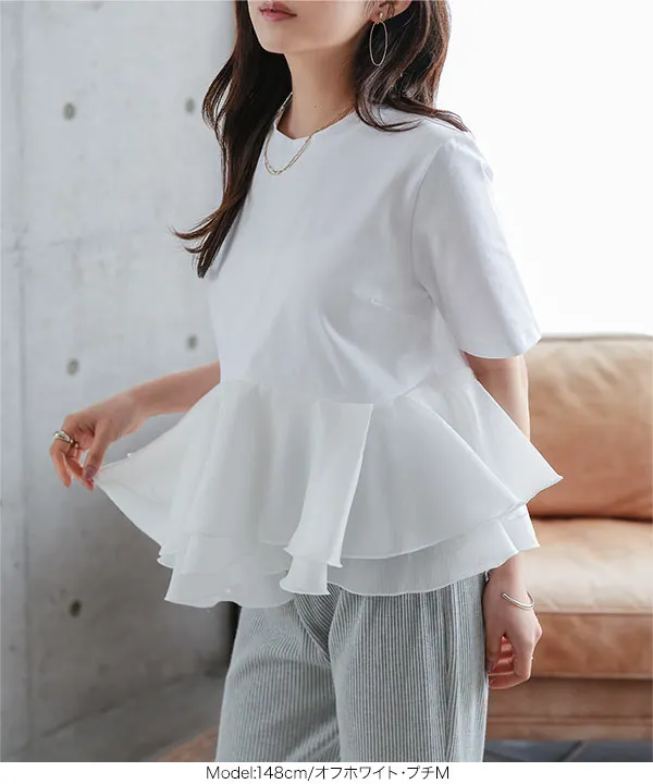 [ Petitle / プチレ ] オーガンジードッキングペプラムTシャツ [C7971]