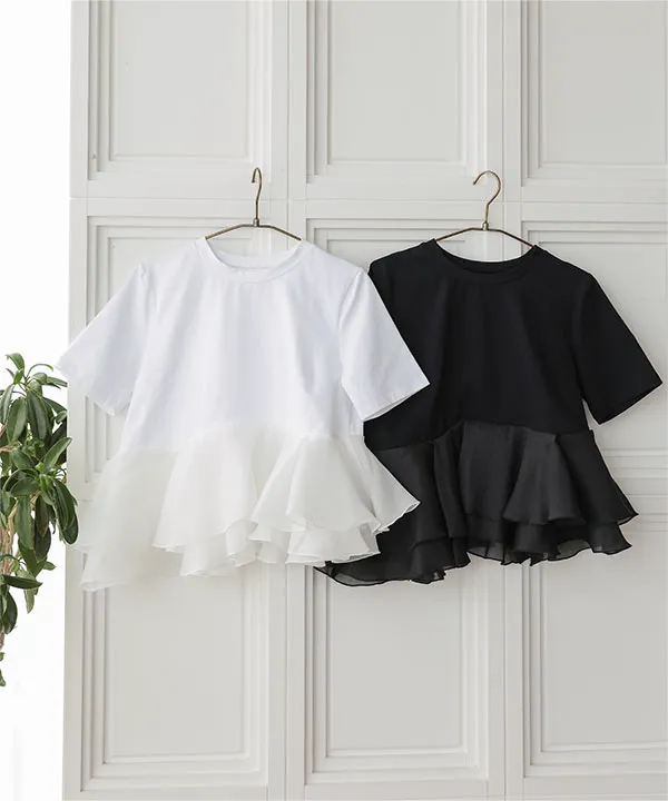 [ Petitle / プチレ ] オーガンジードッキングペプラムTシャツ [C7971]