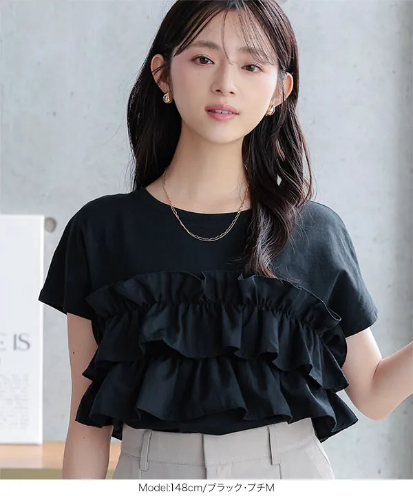 [ Petitle / プチレ ] ティアードフリルTシャツ [C8012] | トップス全品送料無料！8/7(金)18:00〜8/10(月)朝11:59まで